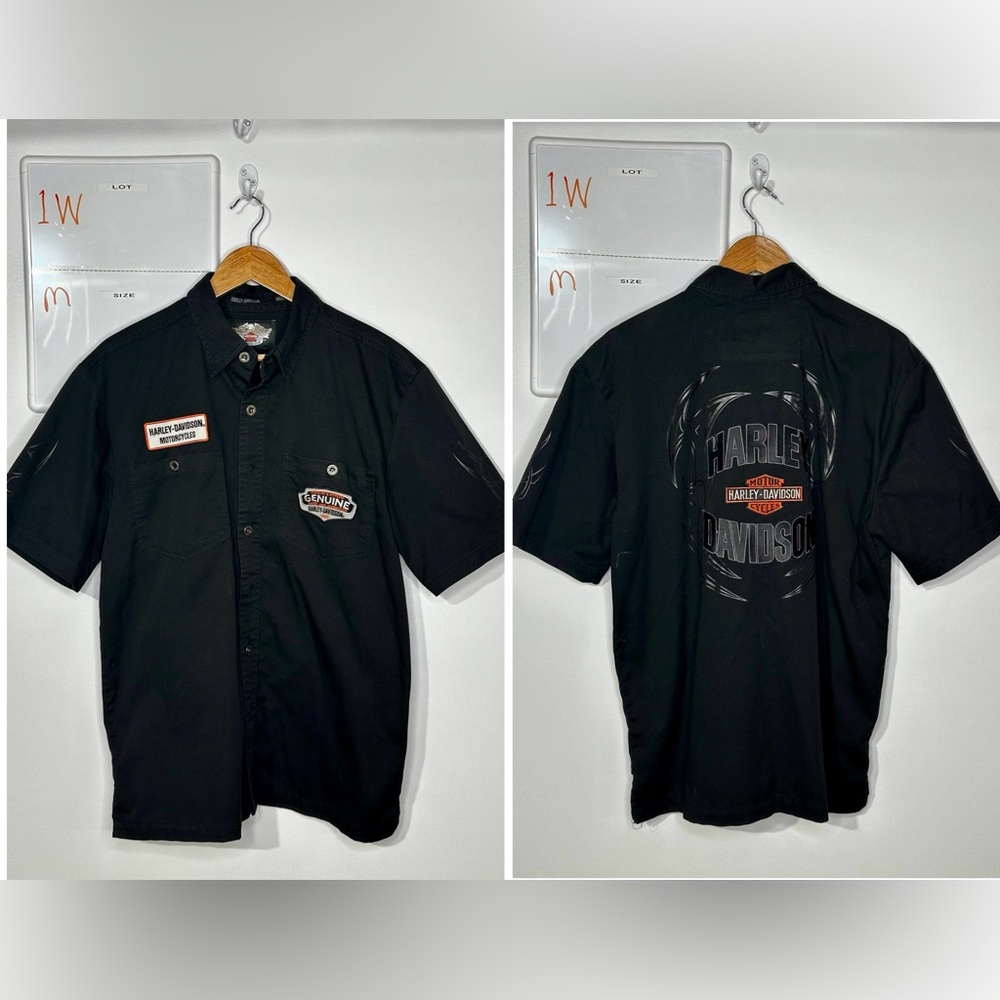Harley-Davidson Black Short Sleeve Button-Up with Logo Patches and Back Print